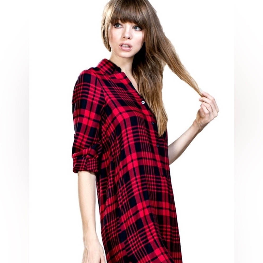 J. JILL 1/3 Button Down Shirt Dress Size
MEDIUM Red Black Plaid Pockets EUC